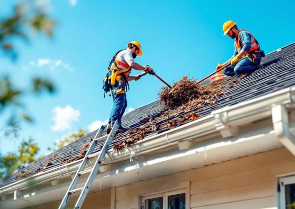 men-on-roof-removing-leaves